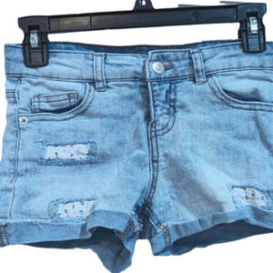 Girls Cat & Jack denim shorts with lace trim, size 10-12